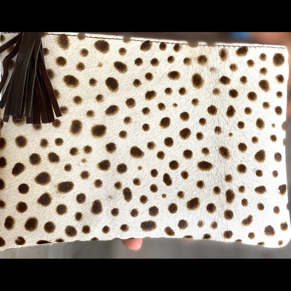Brown and white calf hair zip clutch